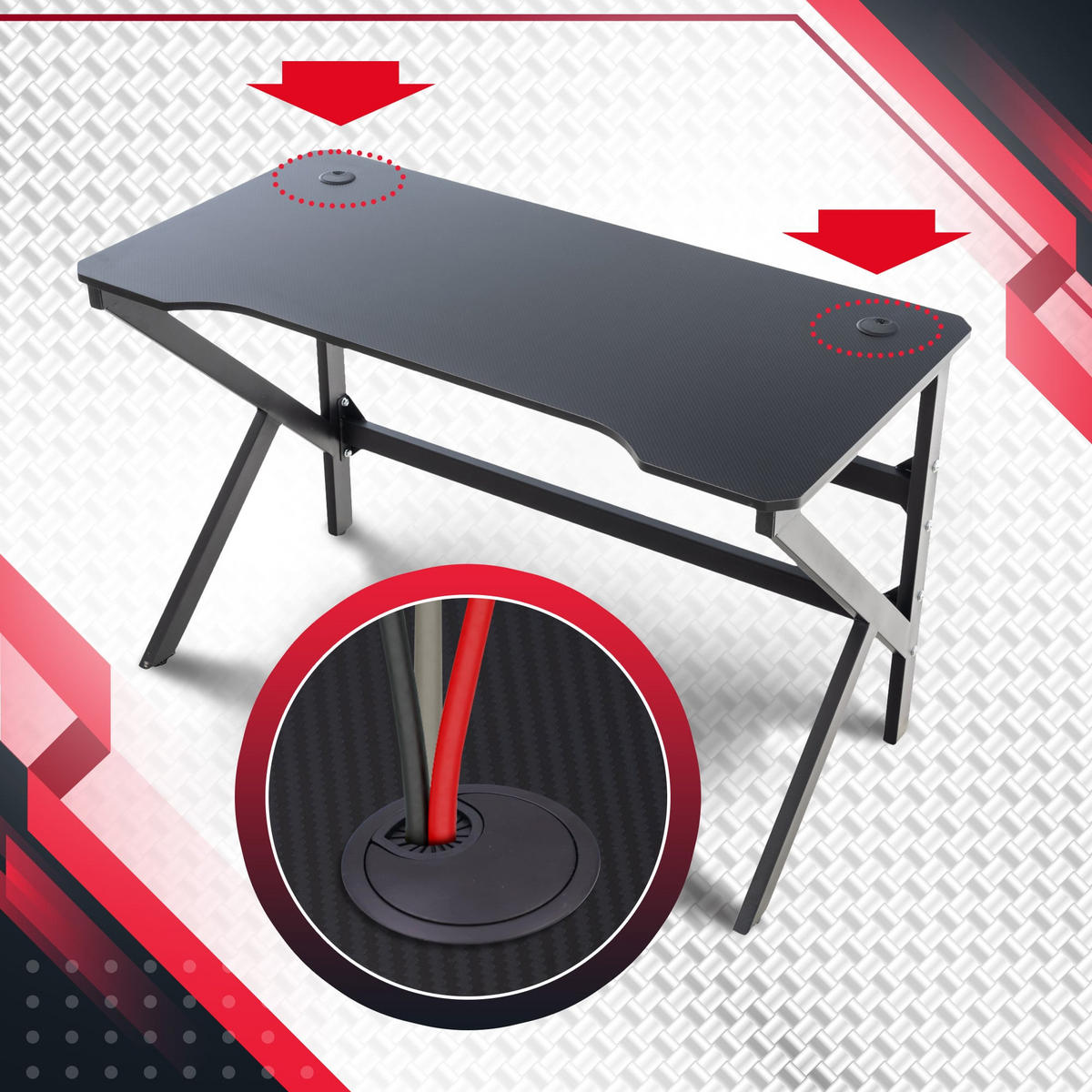 GAMING TISCH eckig 120/60/77 cm Holz rot - Rot/Schwarz, Holz/Metall (60/120/77cm) - CLP