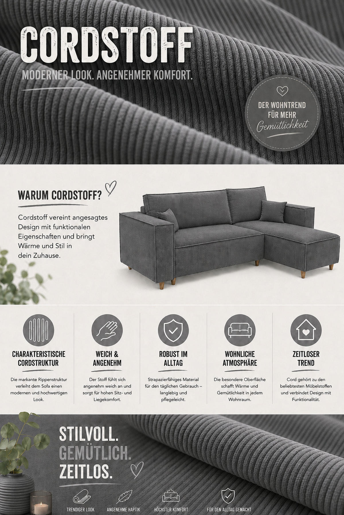 ECKSOFA mit Schlaffunktion und Bettkasten Rio, Ecksofa Cordstoff Grau, Ottomane Universal, 249x142 cm - Grau, Textil (249/142cm) - Marpur