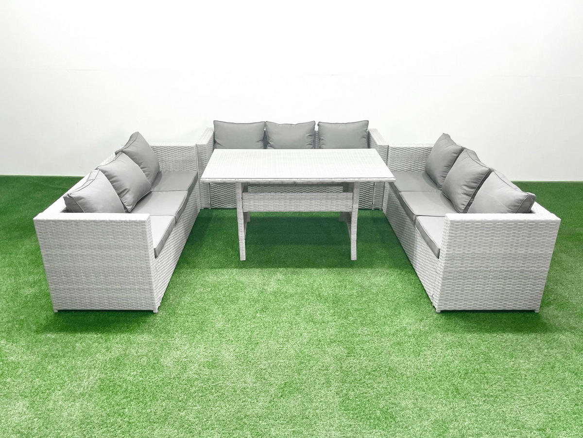 GARTENSET mit Esstisch,Sofa Polyrattan Hellgrau 9-Sitzer - Hellgrau/Grau, Glas/Kunststoff - Fimous