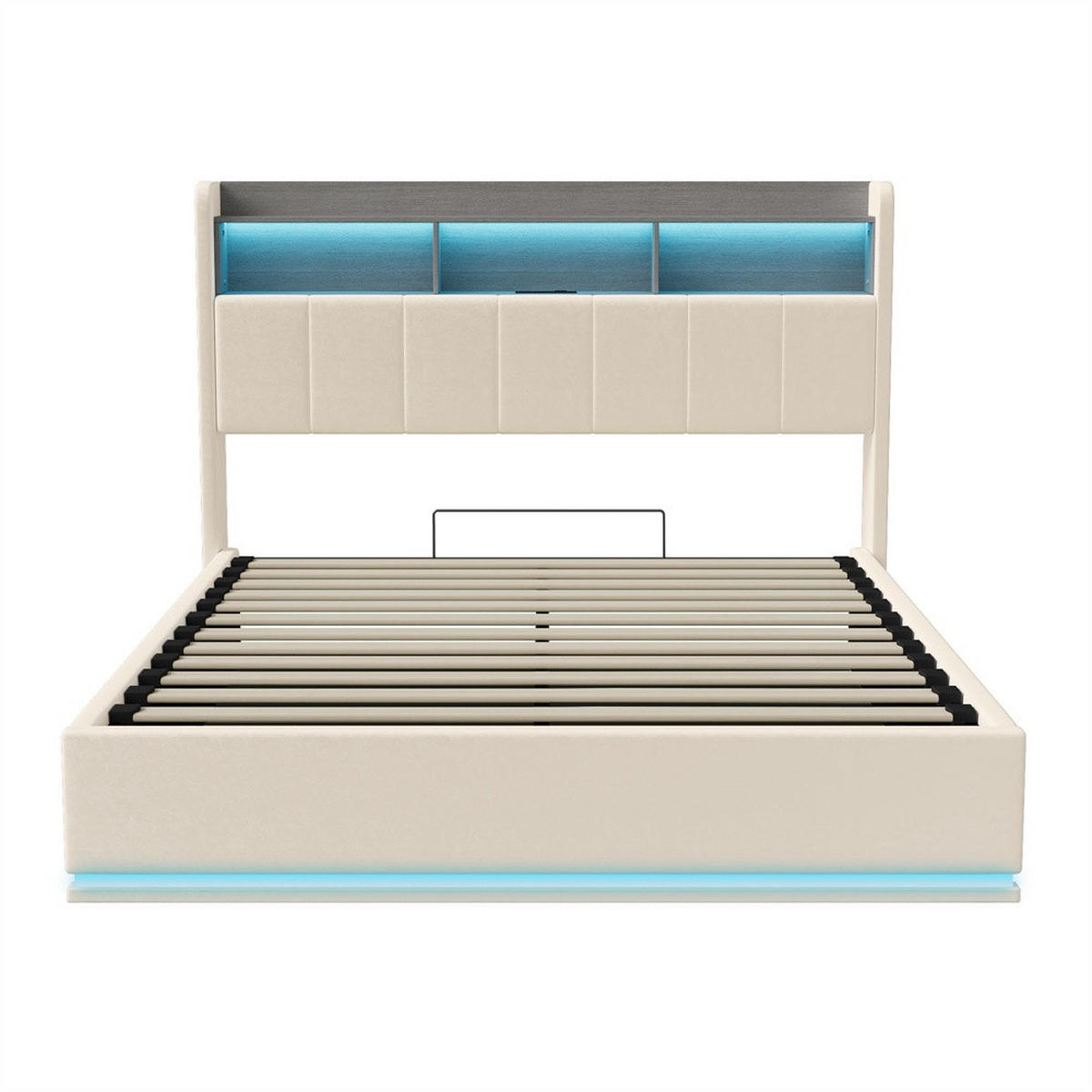 POLSTERBETT 140x190cm - Doppelbett mit RGB-LED-Beleuchtung am Kopfteil und Unterboden Stauraum-Kopfteil - Beige - Beige, Textil (140/190cm) - DELFA