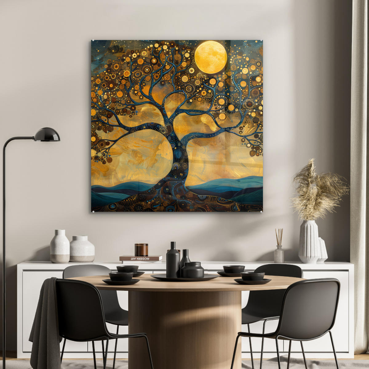 ACRYLGLASBILD Baum - Mond - Blumen - Gold - Kunst 90x90 cm - Orange, Glas (90/90cm) - MuchoWow