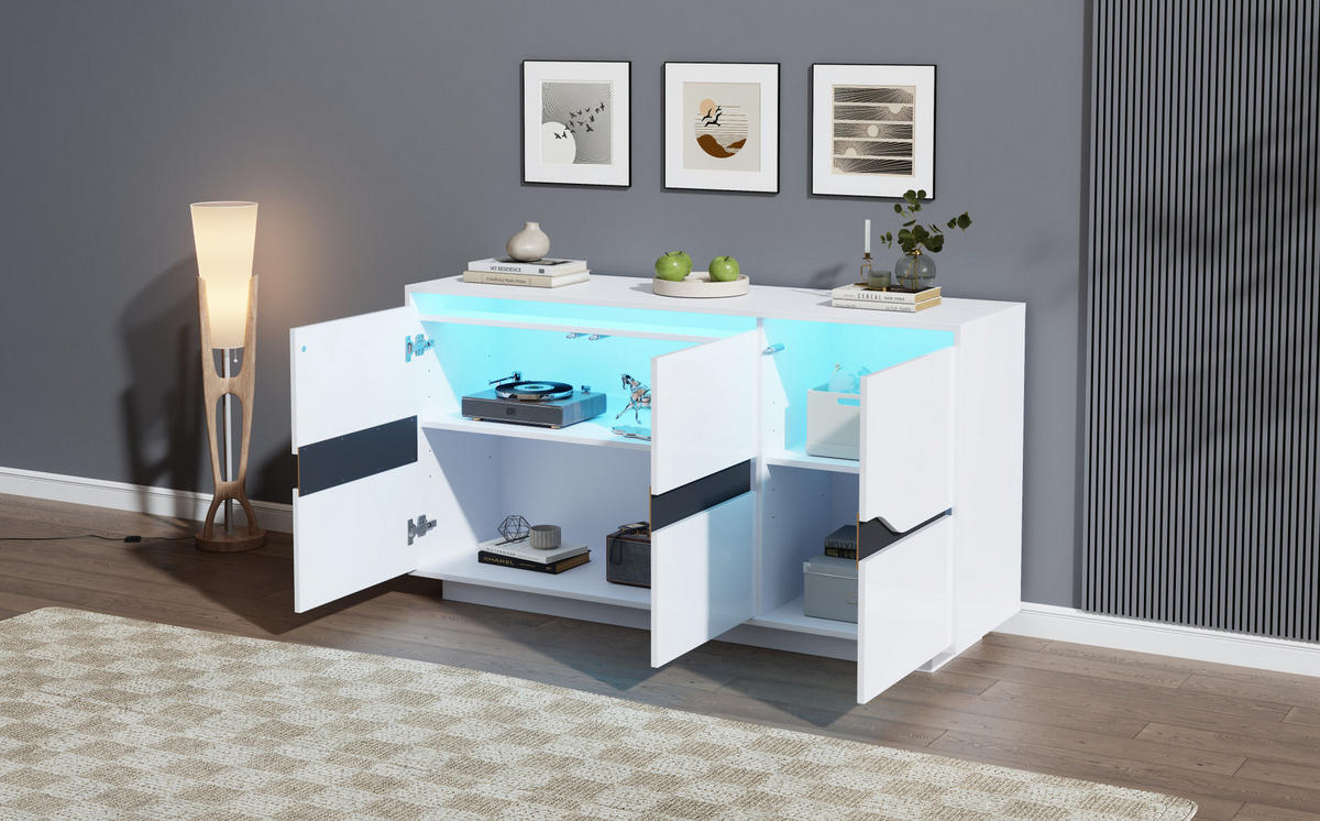 SIDEBOARD 140/40/70 cm mit 3 Türen, LED und Hochglanzfront in Weiß/Schwarz - Weiß, Holzwerkstoff (140/70/40cm) - BEAOK