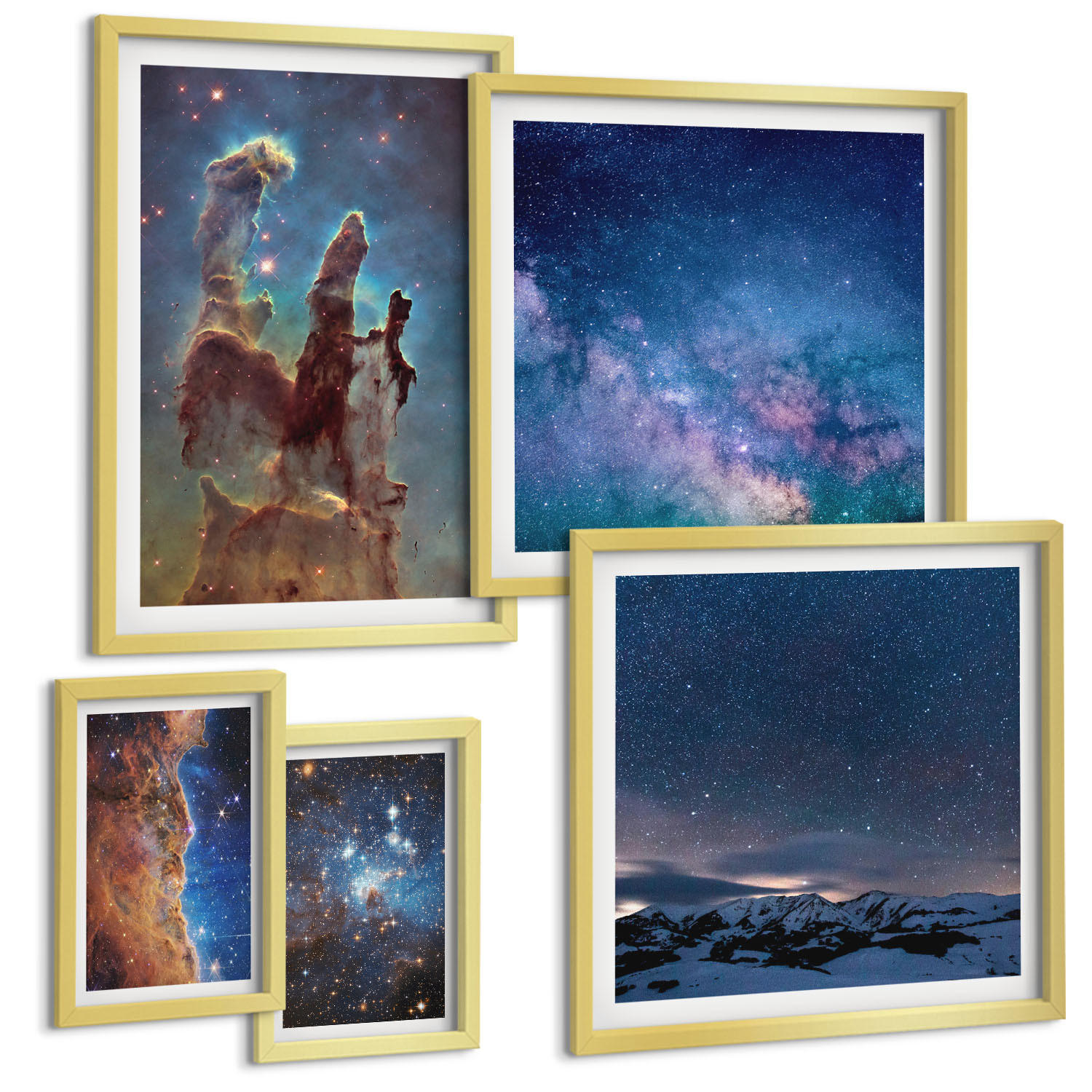 BILDER SET 5er Set - 50x50 cm & 20x30 cm & 40x60 cm Goldrahmen - Weltraumlandschaften von Galaxien - Goldfarben, Kunststoff (40/60cm) - TULUP