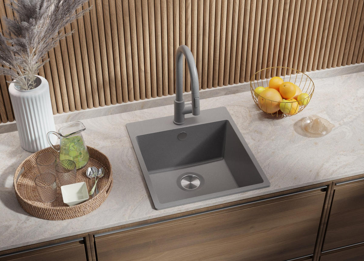 SPÜLBECKEN Riga, 2-er set Grau 43/50 cm 1 Becken + Ablauf-Set ab 45er Unterschrank - Grau, Kunststoff (43/20/50cm) - Primagran