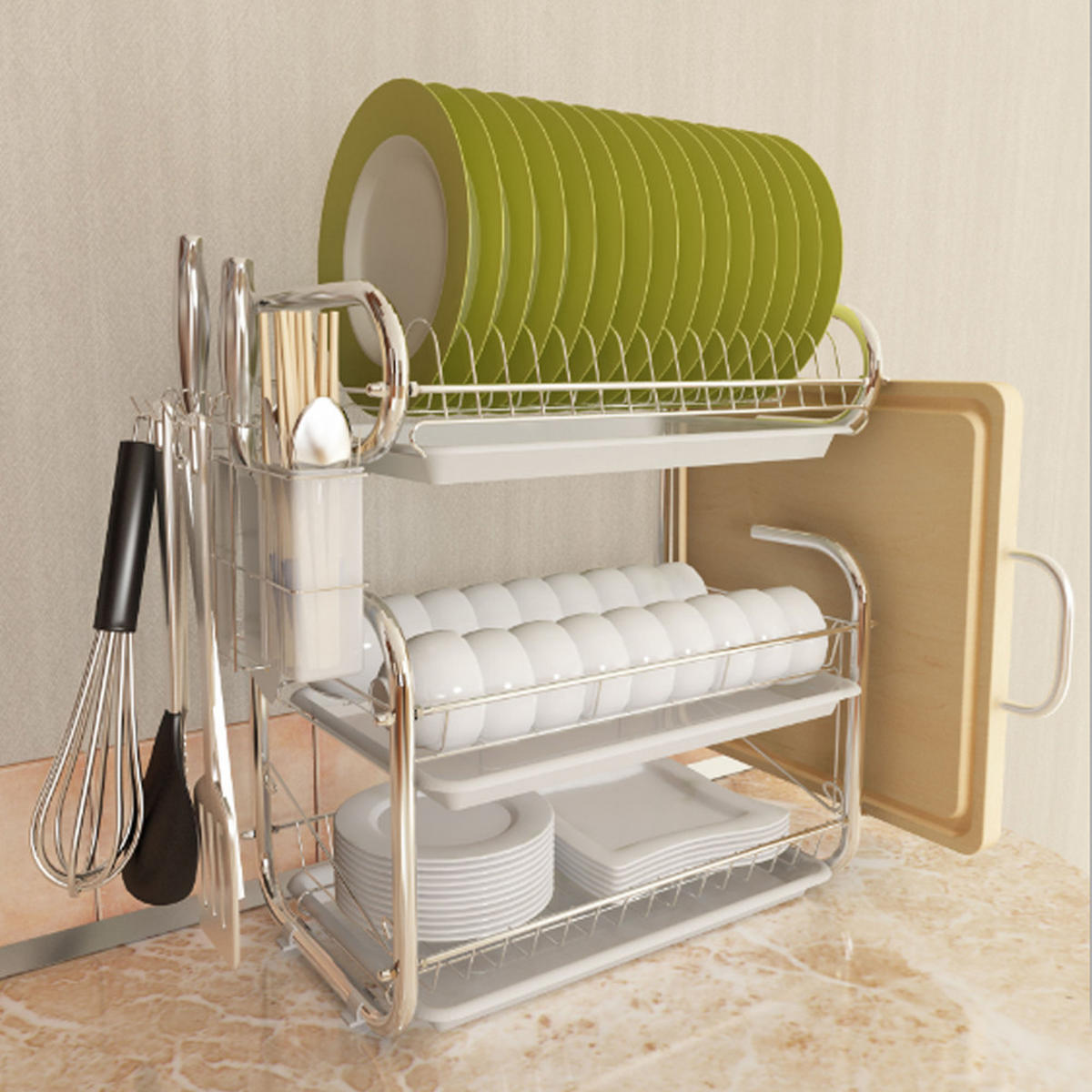 ABTROPFGESTELL Eisen weiß dreistöckig Tellerständer 9-förmiger multifunktionaler Aufbewahrungsständer Schneidebrett 40/25/44 cm - Grün, Metall (30/44/40cm) - Livingandhome