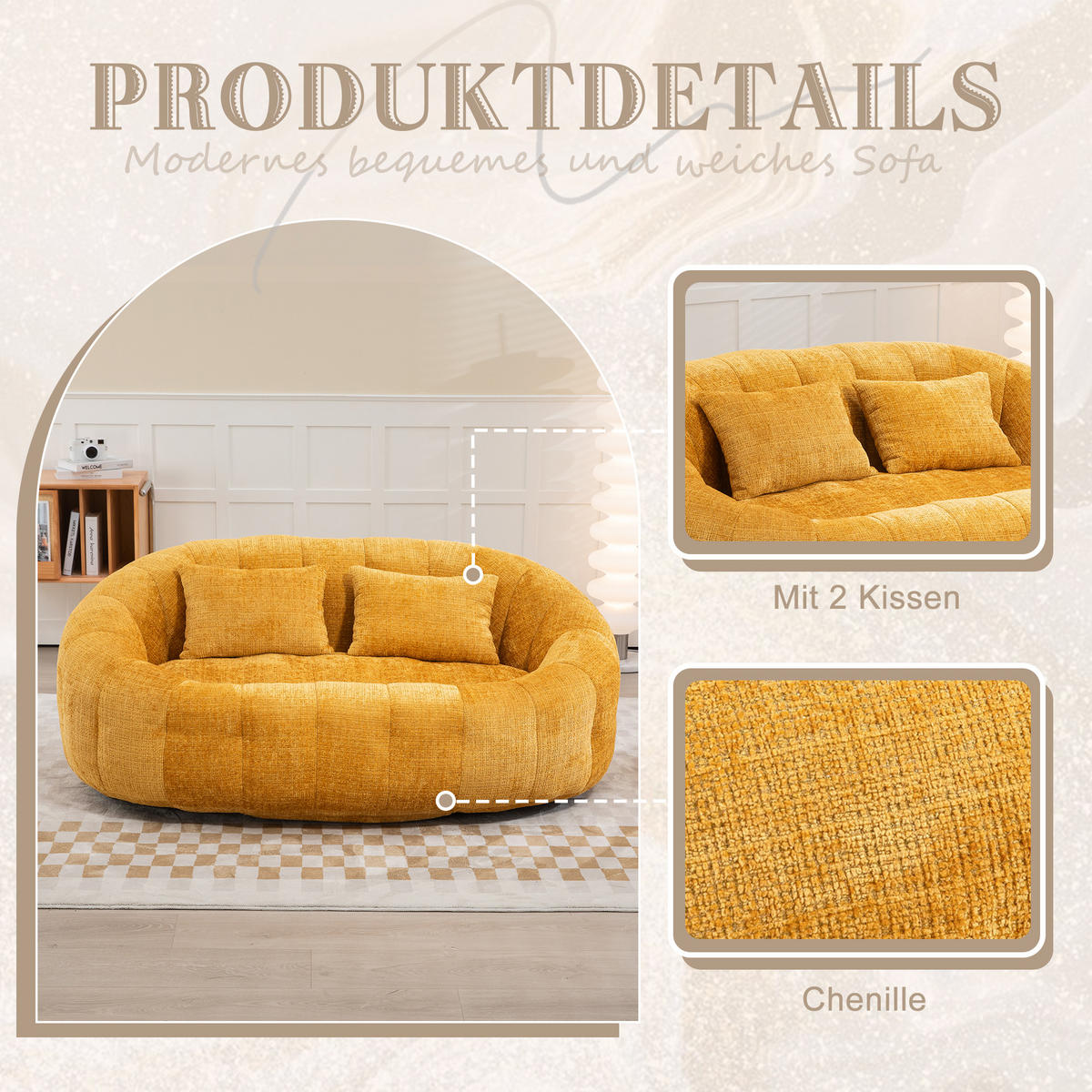 BEAN BAG SOFA– Komfortabler Lazy Lounger mit hochdichtem Memory - Gelb, Textil (150/63/95cm) - Urban Meuble