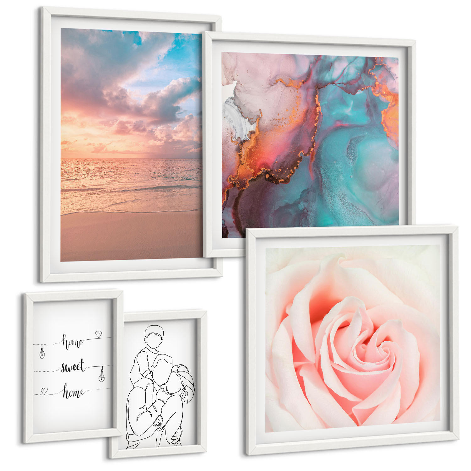 BILDER SET 5er Set - 50x50 cm & 20x30 cm & 40x60 cm Weißer Rahmen - Blumenfamilie minimalistisch - Weiß, Kunststoff (40/60cm) - TULUP