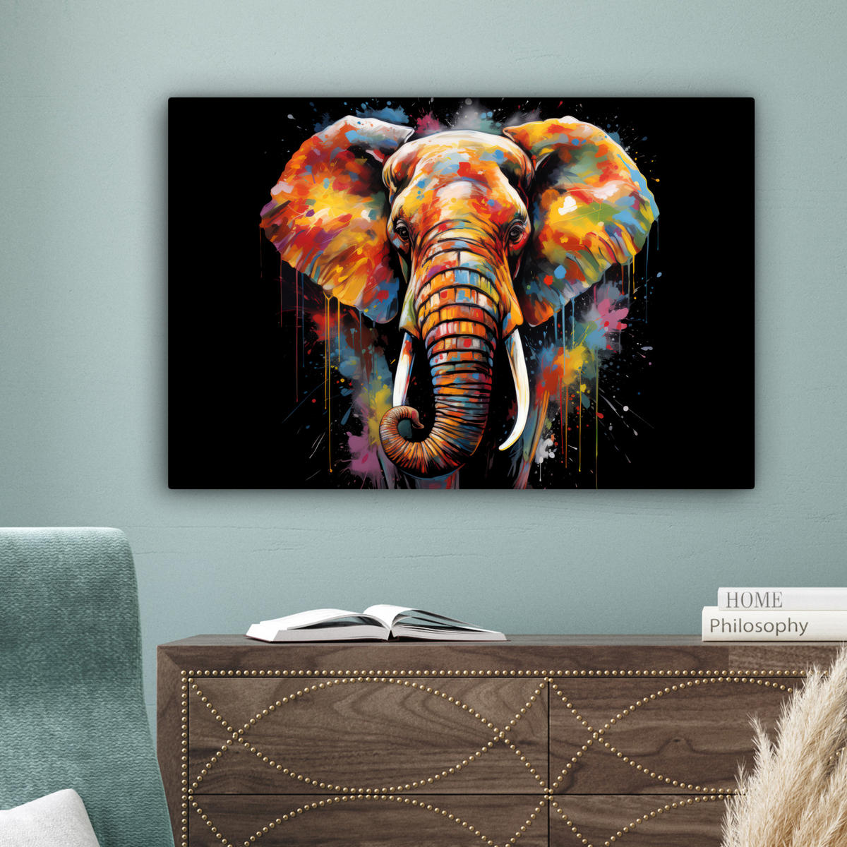 LEINWANDBILD Elefant - Graffiti - Schwarz - Tiere - Farben 60x40 cm - Schwarz, Textil (60/40cm) - MuchoWow