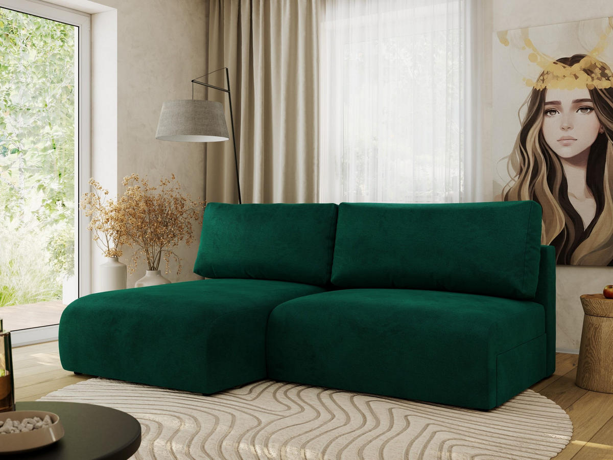 ECKSCHLAFSOFA VIVO L Dunkelgrün Velvet - links - Dunkelgrün/Schwarz, Kunststoff/Textil (223/150cm) - MKS