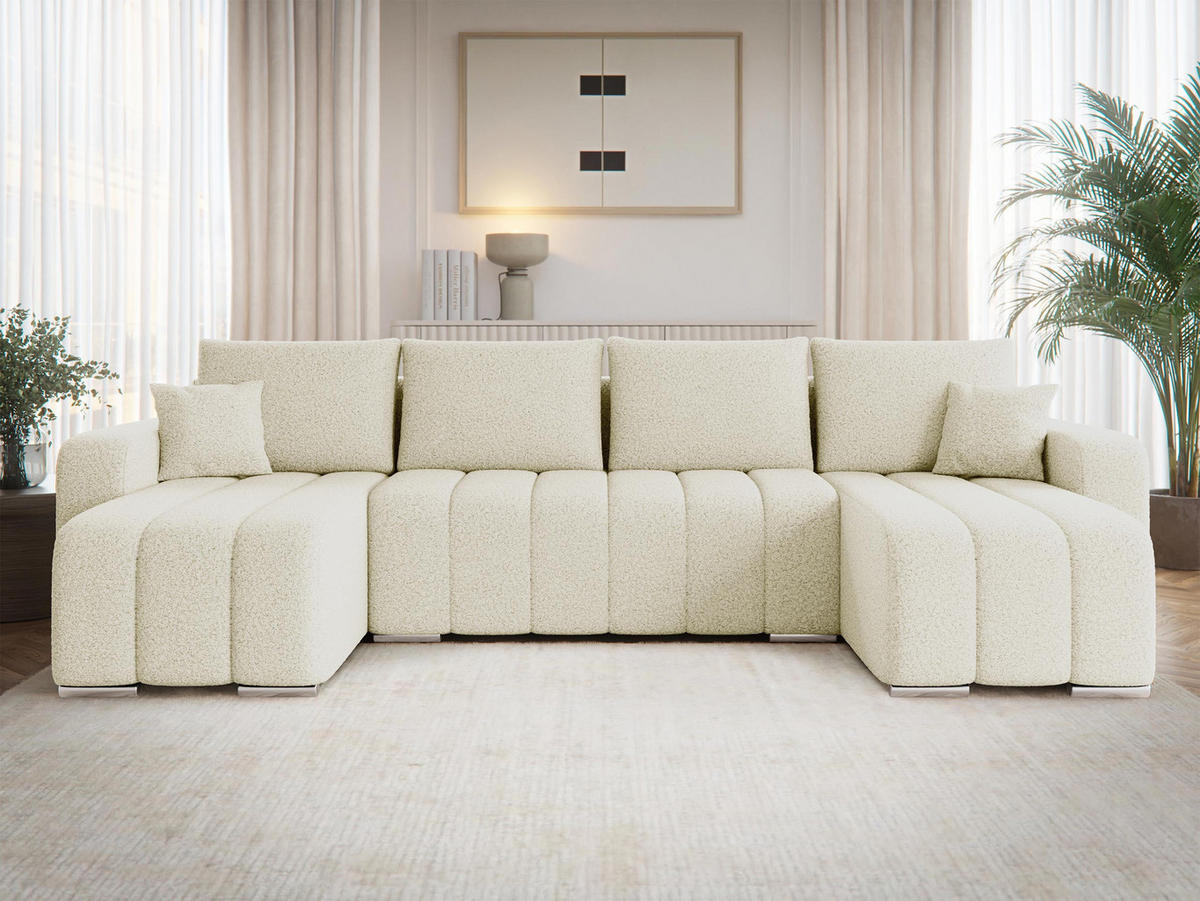 WOHNLANDSCHAFT Pufetto U Boucle - Silberfarben/Creme, Holz/Textil (313/86/147cm) - MIRJAN24