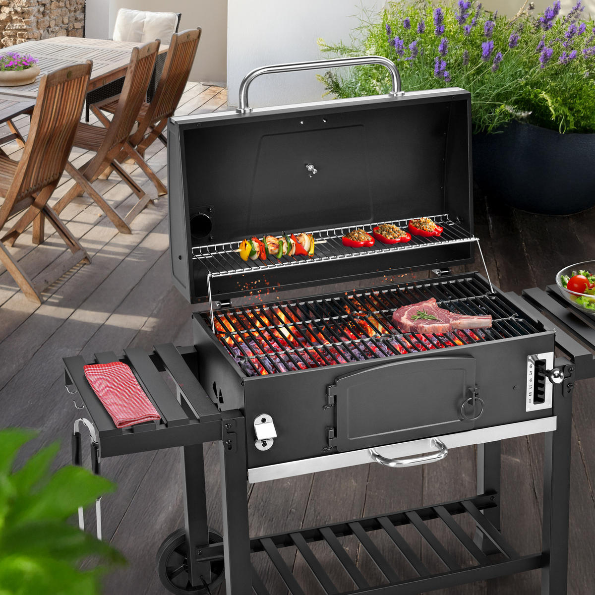 HOLZKOHLEGRILL und Smoker HERO XXL - Schwarz, Metall (142/111/46cm) - TAINO