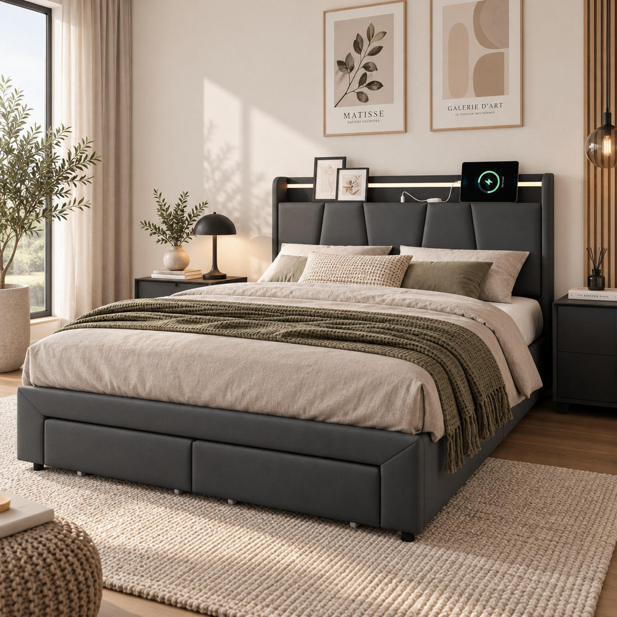 POLSTERBETT，BETT 160/200 cm Schubladenbett mit 2 Schubladen und Ladefunktion in Grau - Beige/Naturfarben, Holz/Textil (160/200cm) - FURNISHINGS HOME