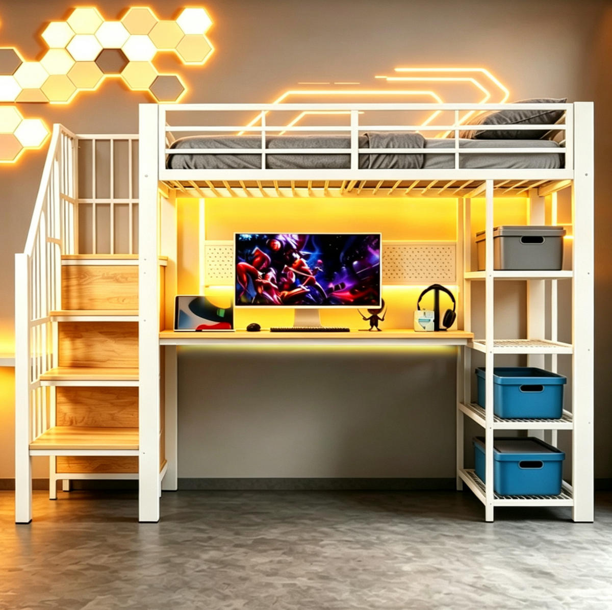 HOCHBETT 90/200 cm aus Metall und Holz mit Staumtreppe und Schreibtisch Weiß - Weiß, Metall (90/200cm) - Modenvie
