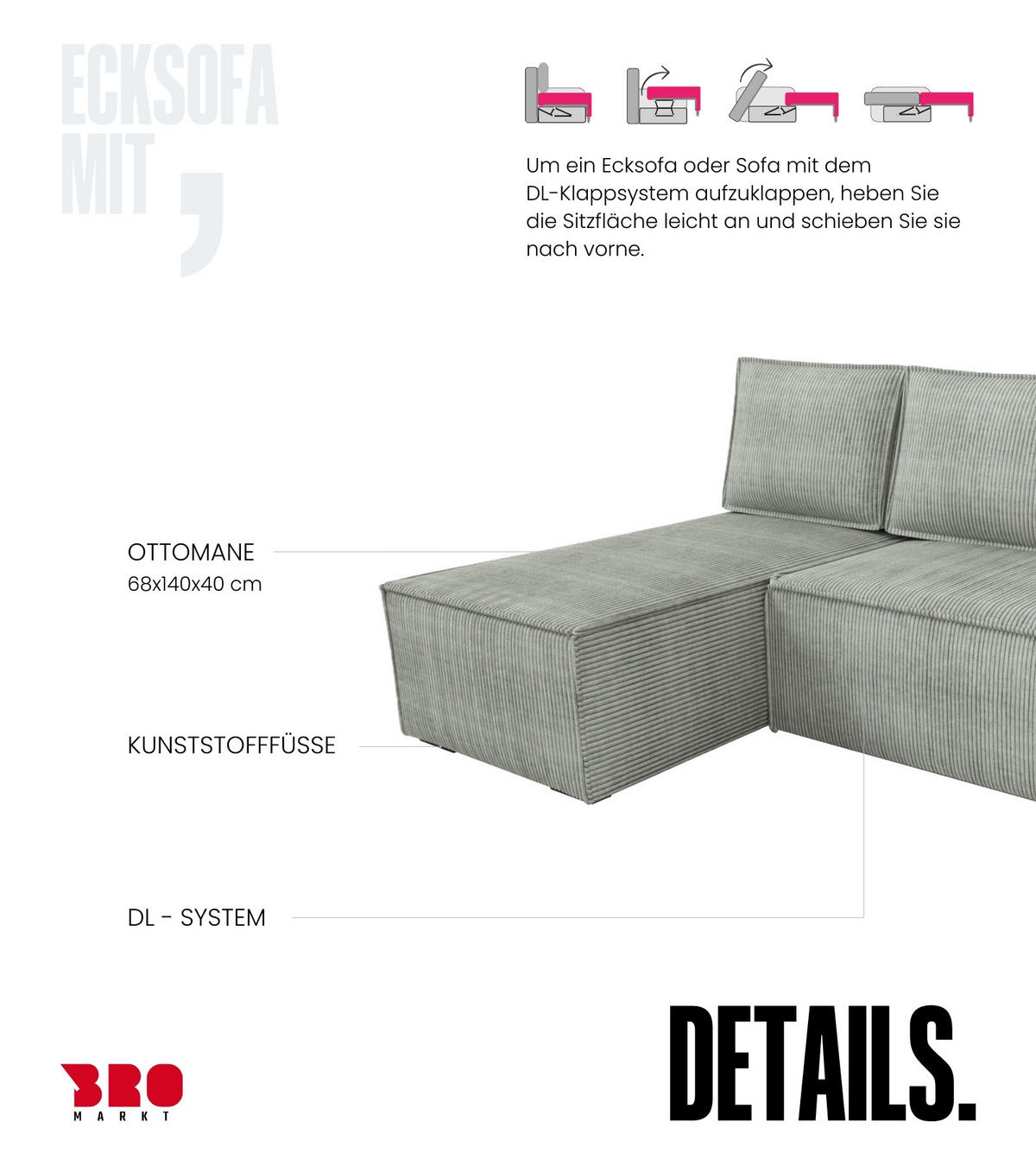 ECKSOFA Hector mit Schlaffunktion Grau Cord - Hellgrau, Textil (200/141cm) - Bromarkt