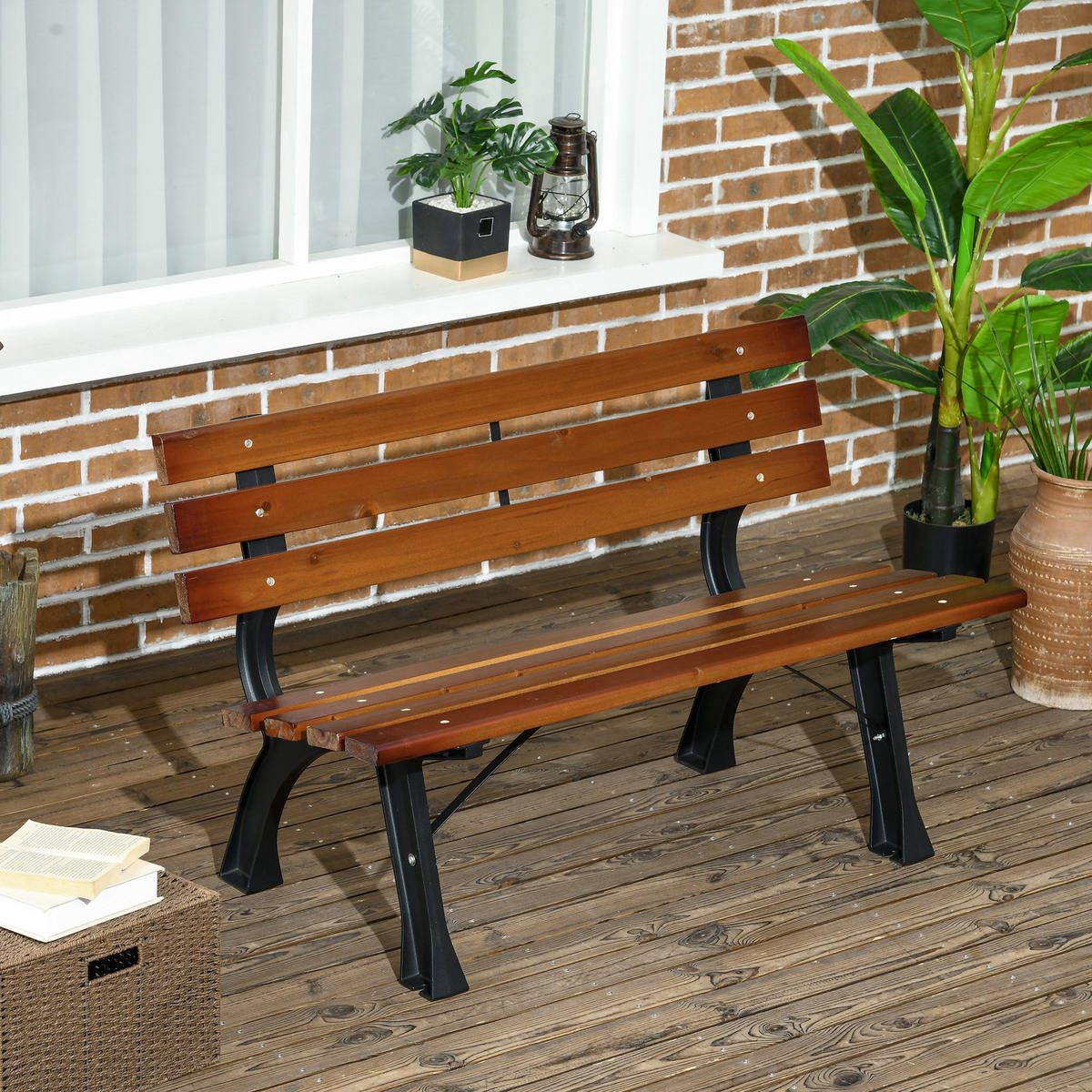 GARTENBANK, 2-Sitzer, Parkbank mit Rückenlehne, Holzbank, für Garten, Balkon, Kaffee - Dunkelbraun, Holz/Metall (57/70/120cm) - Outsunny