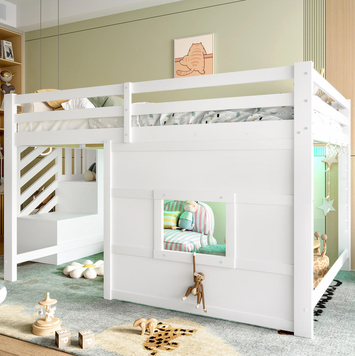 HOCHBETT aus Kiefernholz 140x200 cm Weiß mit Stauraumtreppe, Fenster und LED-Beleuchtung - Weiß, Holzwerkstoff (140/200cm) - IVMEU