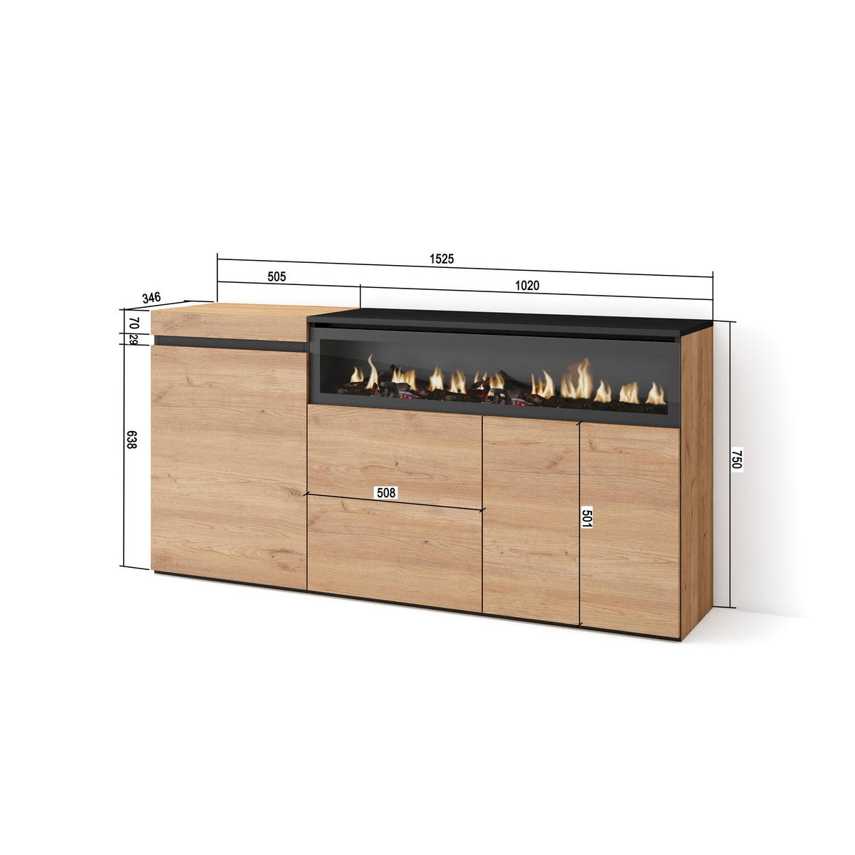 SIDEBOARD Elektrokamin, eiche, schwarz, 150/35/75cm - Multicolor, Holzwerkstoff (150/75/35cm) - Skraut Home
