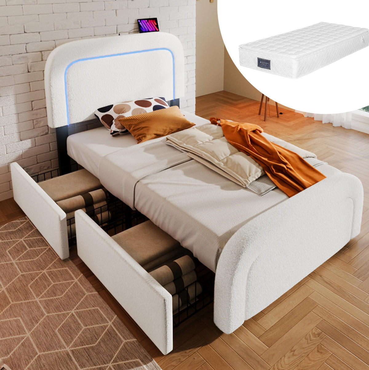 BETT mit Matratze, USB-C, LED und 2 Schubladen 90x200 cm Sherpa Weiß - Weiß, Metall (90/200cm) - Meubliv