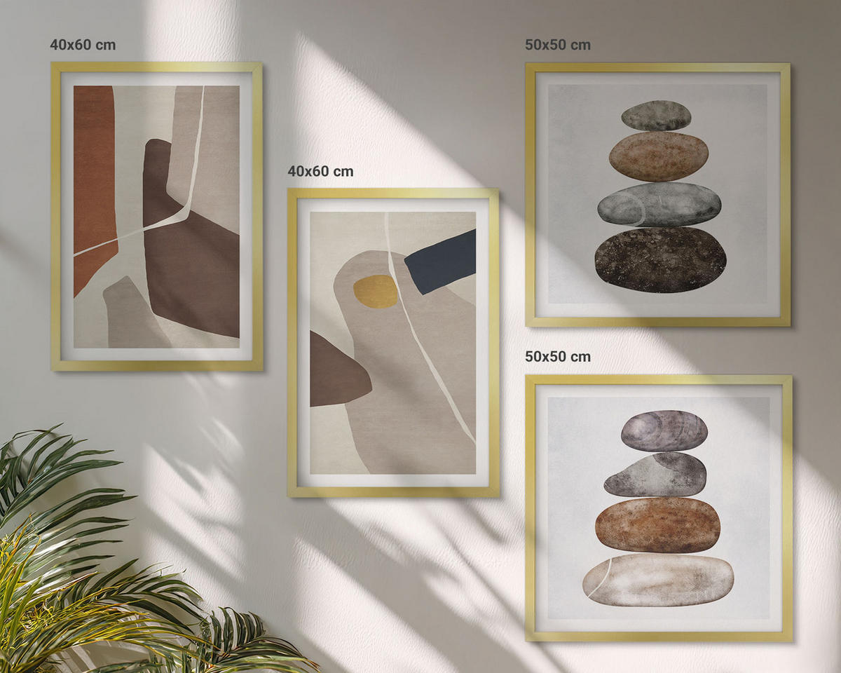 BILDER SET 4er Set - 50x50 cm & 40x60 cm Goldrahmen - Abstrakte Boho-Formen - Goldfarben, Kunststoff (50/50cm) - TULUP