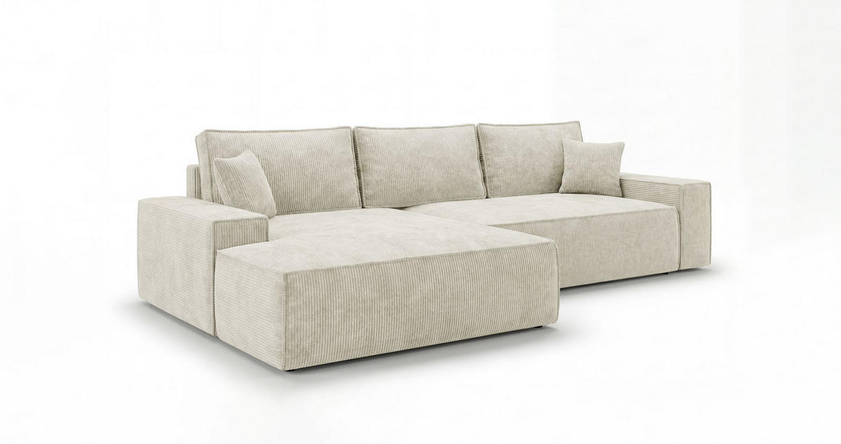 ECKSOFA VERONA links weiß Cord Poso 100 - Schlaffunktion, Bettkasten - Weiß, Textil (280/185cm) - Cornero