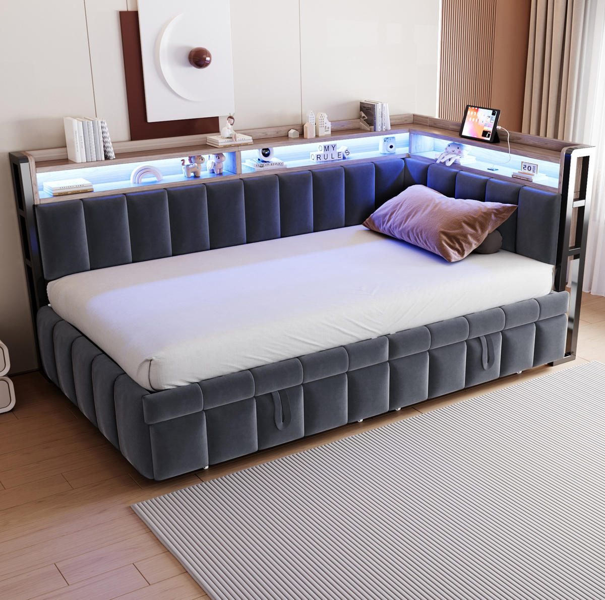 POLSTERBETT Schlafsofa aus Samt 90x200 cm Grau mit Ausziehbett, LED-Beleuchtung, USB- und Typ-C-Anschlüssen - Grau, Textil (90/200cm) - Modfu