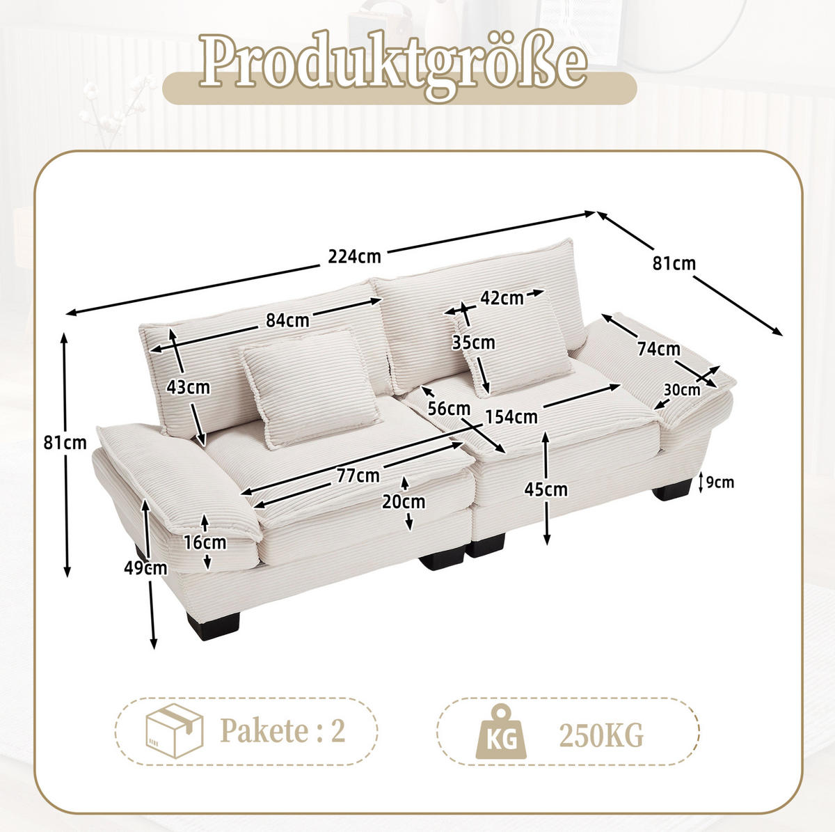 SOFA 2-Sitzer mit tiefem Sitz 224 x 81 x 81 cm Samt Beige - Beige, Kunststoff (224/81/81cm) - Meubliv
