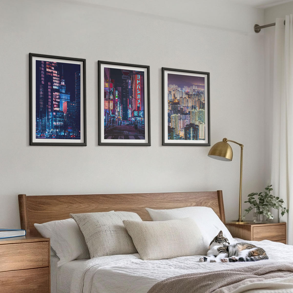 WANDBILDER 3er-Set - 40x60 cm Schwarzer Rahmen - Neonlichter der nächtlichen Stadt - Schwarz, Kunststoff (40/60cm) - ArtPrintCave