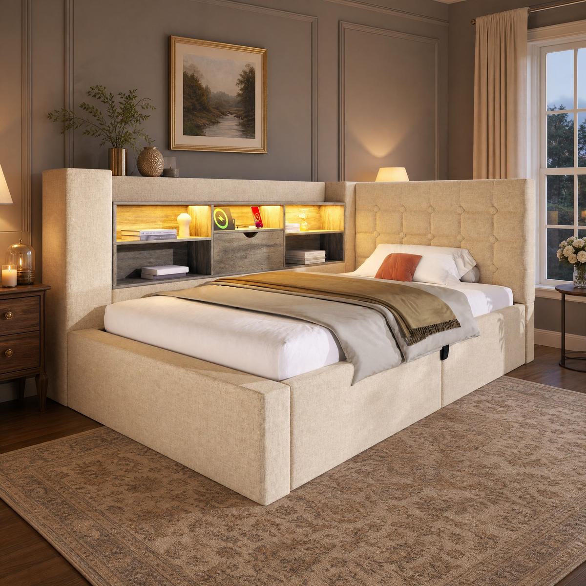 POLSTERBETT 90/200 cm in Beige mit Stauraum, LED und USB Leinen Design - Beige, Holzwerkstoff/Textil (90/200cm) - STILVORA