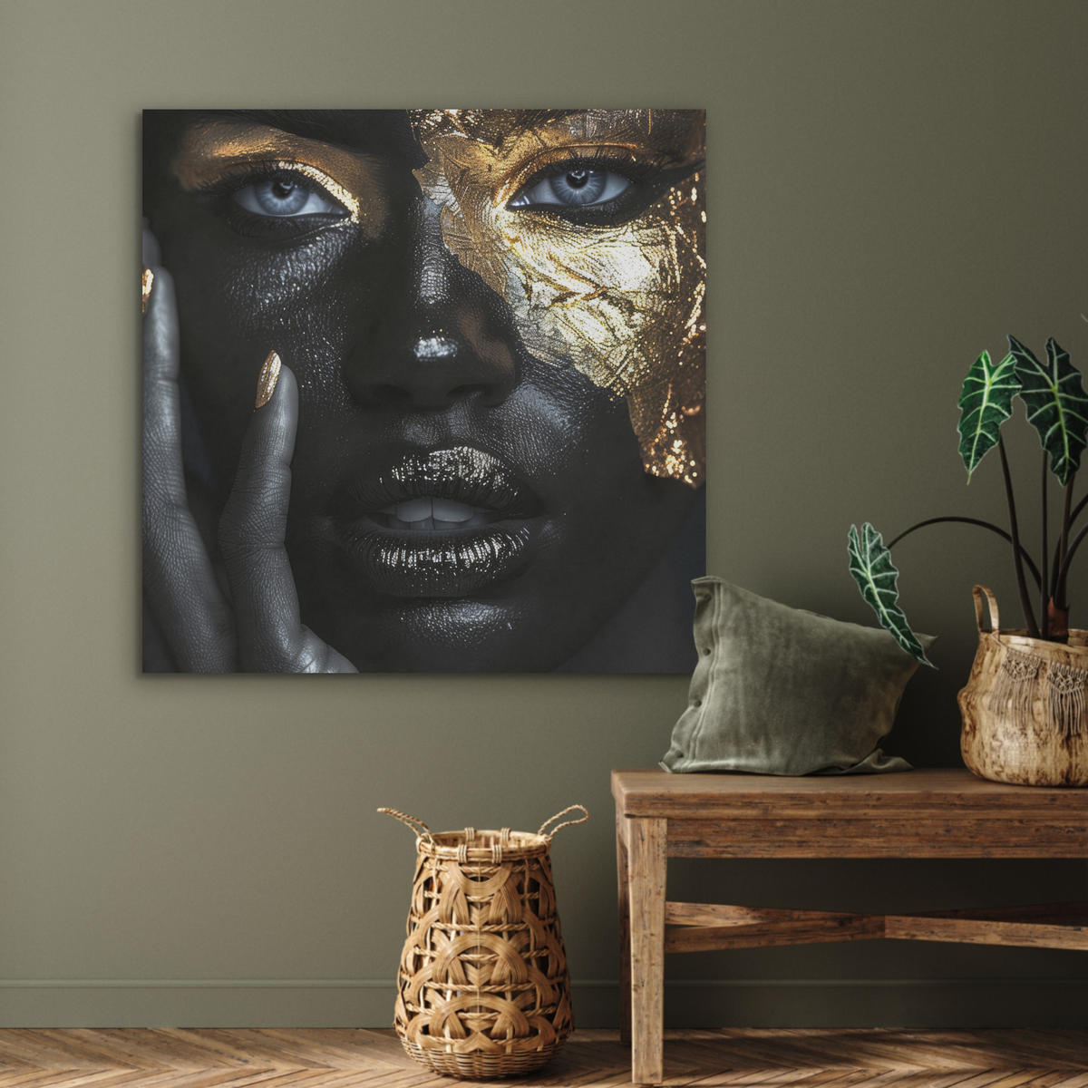 AKUSTIKPANEEL Frau - Gold - Porträt - Schwarz-Weiß - Luxus 90x90 cm - Hellblau, Textil (90/0.9/90cm) - MuchoWow