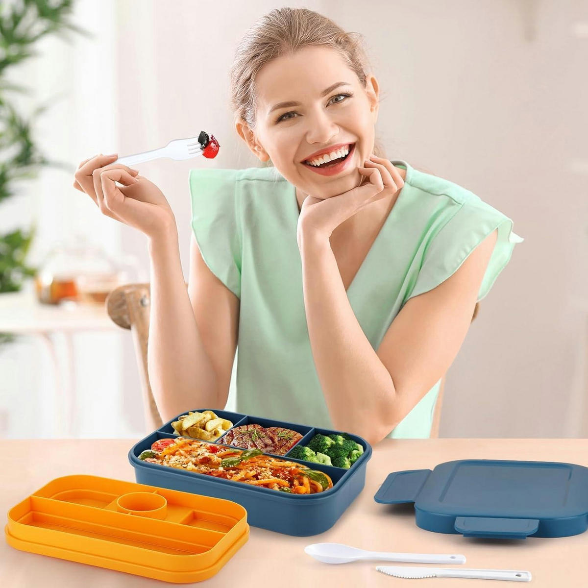 LUNCHBOX mit Fächern 2000ml auslaufsicher mit Besteck - Blau, Kunststoff (16/8/23.5cm)