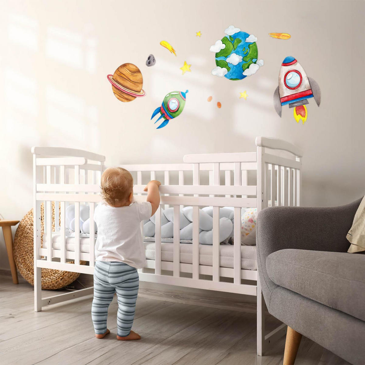 WANDAUFKLEBER 80x135cm - Erde Raketen Sterne - Multicolor, Kunststoff (80/135/0.1cm) - Wallfluent