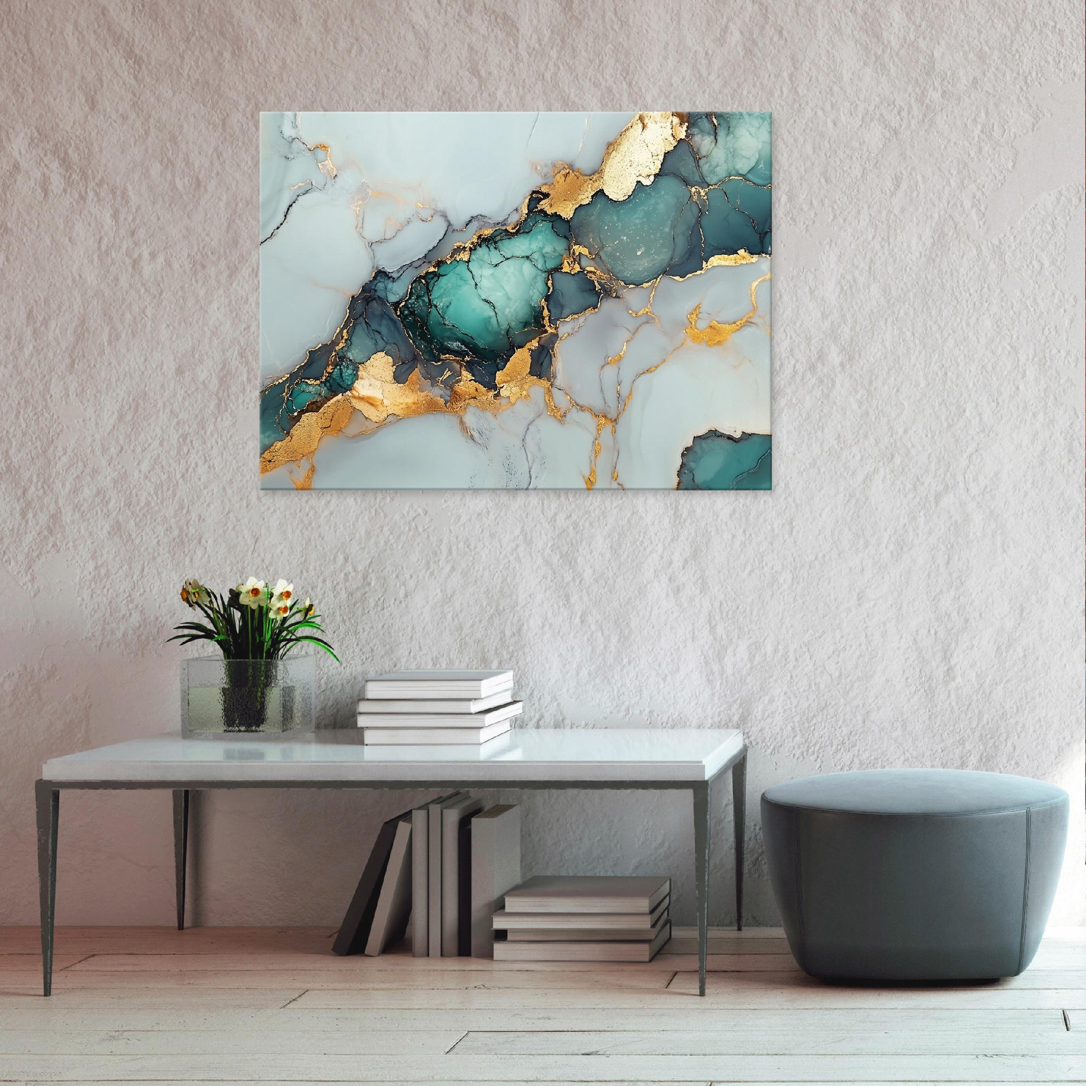 WANDBILD XXL Abstrakt Marmor Grün Gold Modern Wohnzimmer 100x70 - Grau, Holzwerkstoff (100/70cm) - Wallarena