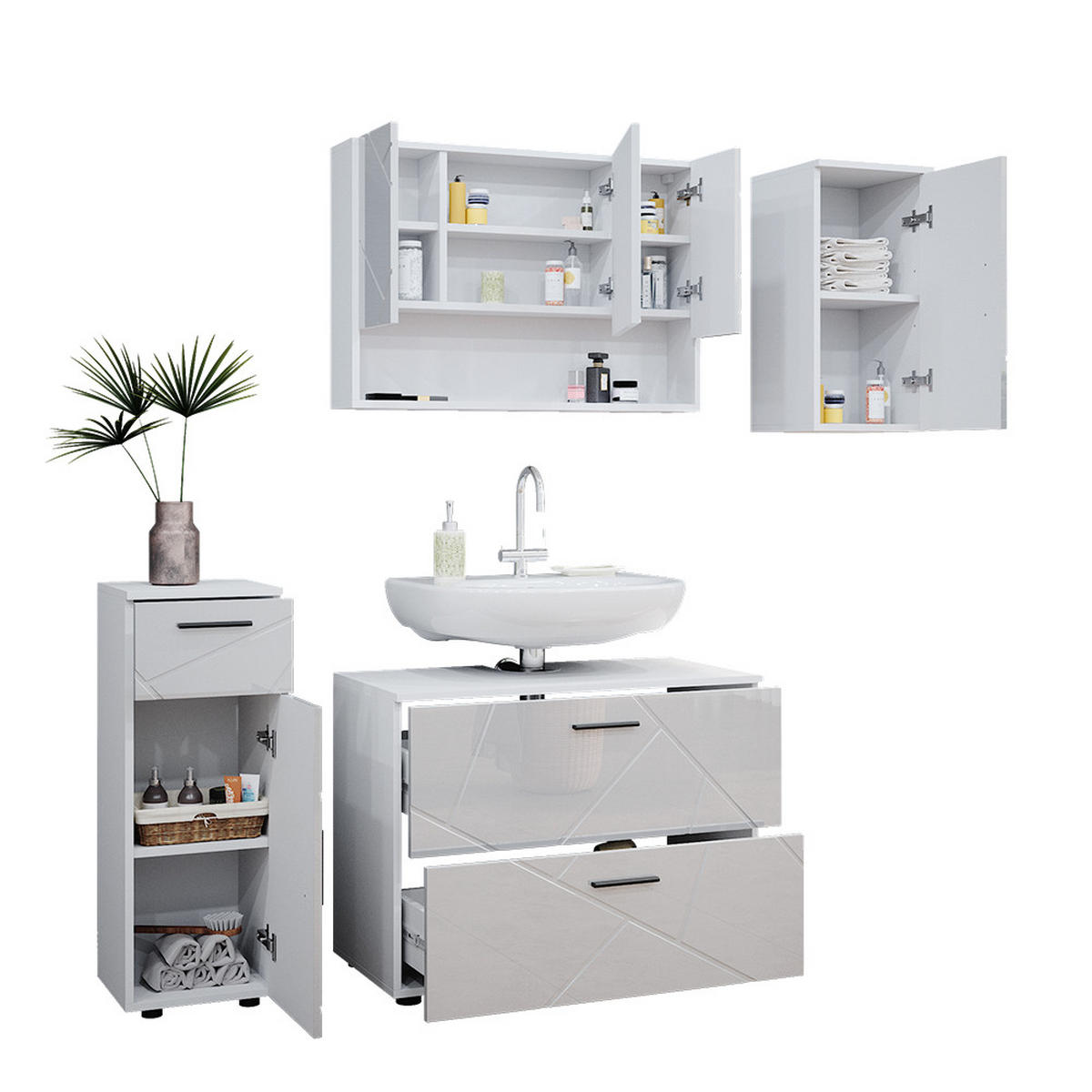 BADMÖBEL-SET Irma Weiß Hochglanz 4 Teile - Weiß Hochglanz/Weiß, Holzwerkstoff (80/58.6/41cm) - Vicco