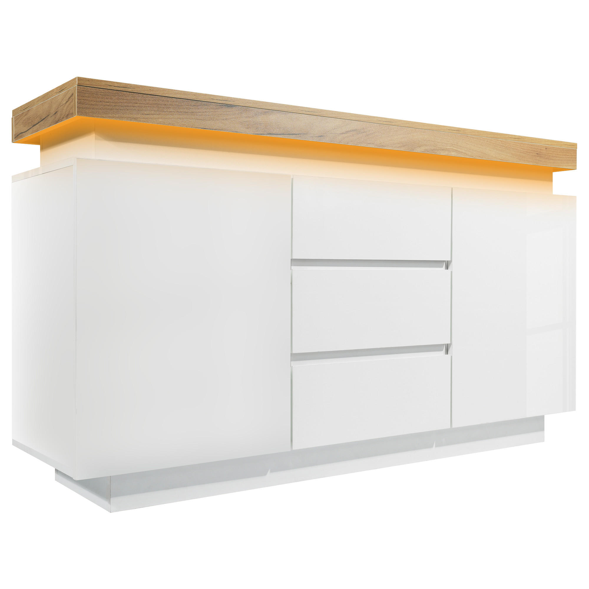 BUFET de 140 cm, alb lucios, cu iluminare LED inteligenta si 3 sertare
