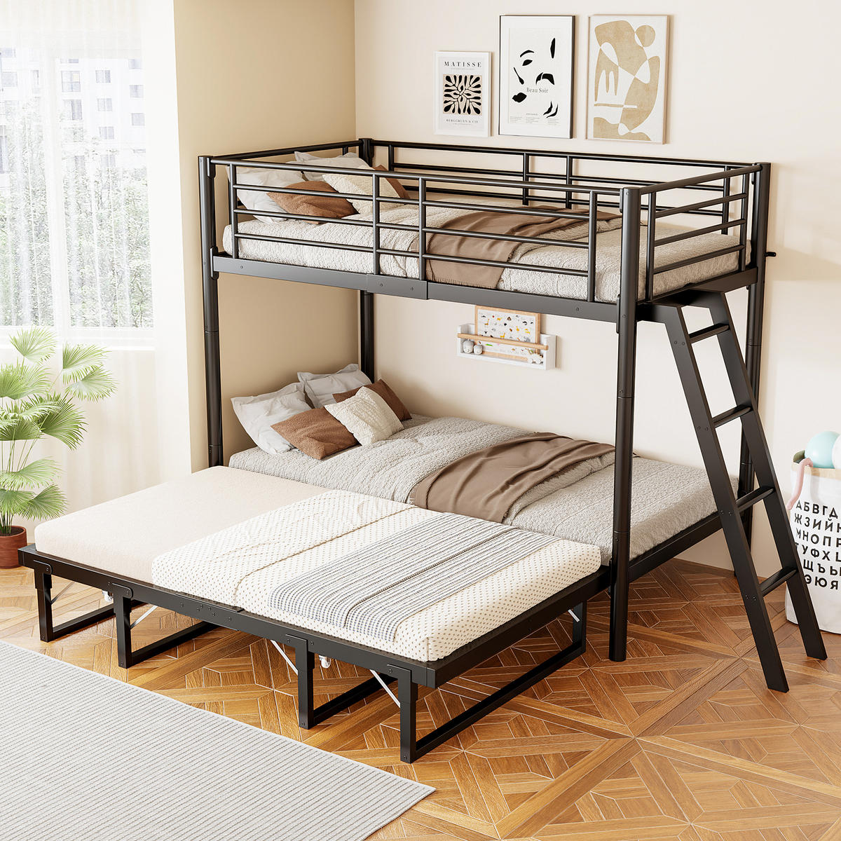 ETAGENBETT 90/200 cm mit Ausziehbett, DE-41598, in Schwarz - Schwarz, Metall (90/200cm) - ComfortXL