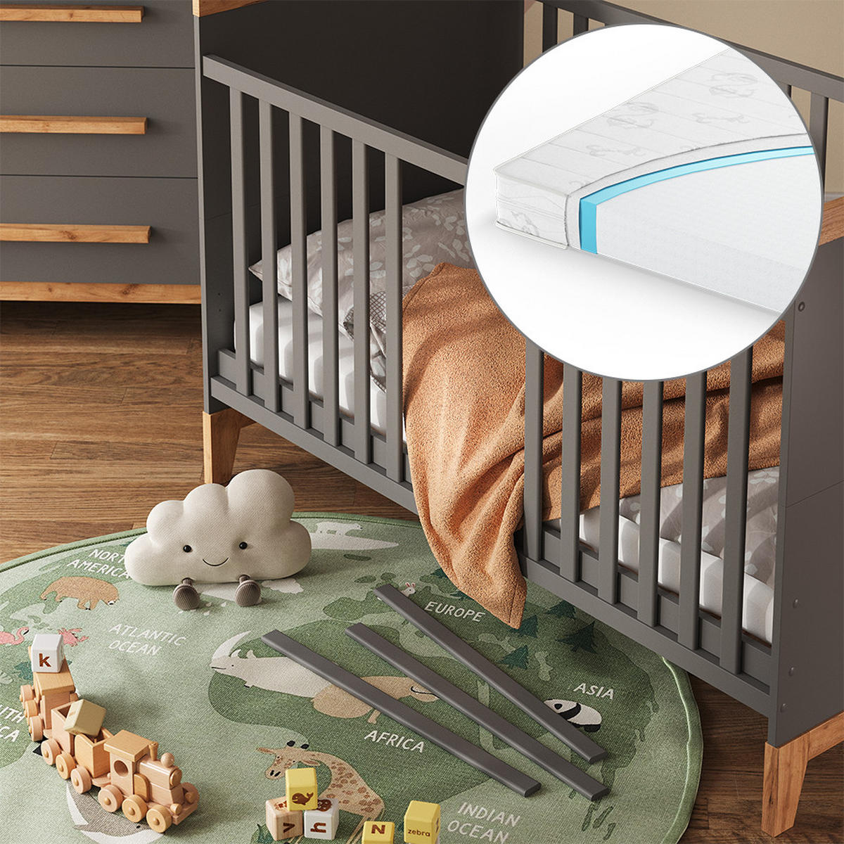 BABYBETT Malia Grau/Artisan 70x140 cm mit Matratze - Hellgrau/Grau, Holzwerkstoff - VitaliSpa