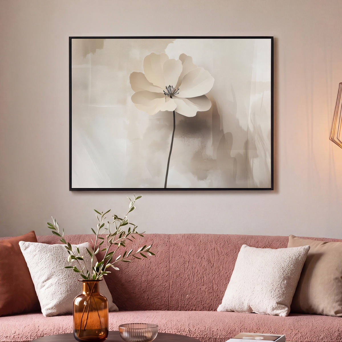 LEINWAND Bilder mit Rahmen - Blume - Beige - Farbe - Schatten - 100x70 - Creme, Textil (100/70cm) - MuchoWow