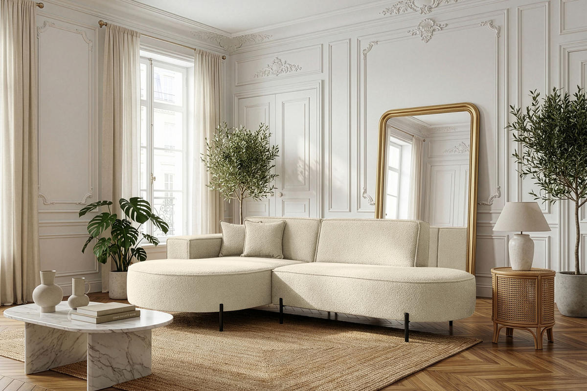 ECKSOFA Hana Loft 3-Sitzer Ecke Links, Boucle, Beige 241/80/168 cm - Beige/Schwarz, Textil/Metall (241/168cm) - WFL GROUP