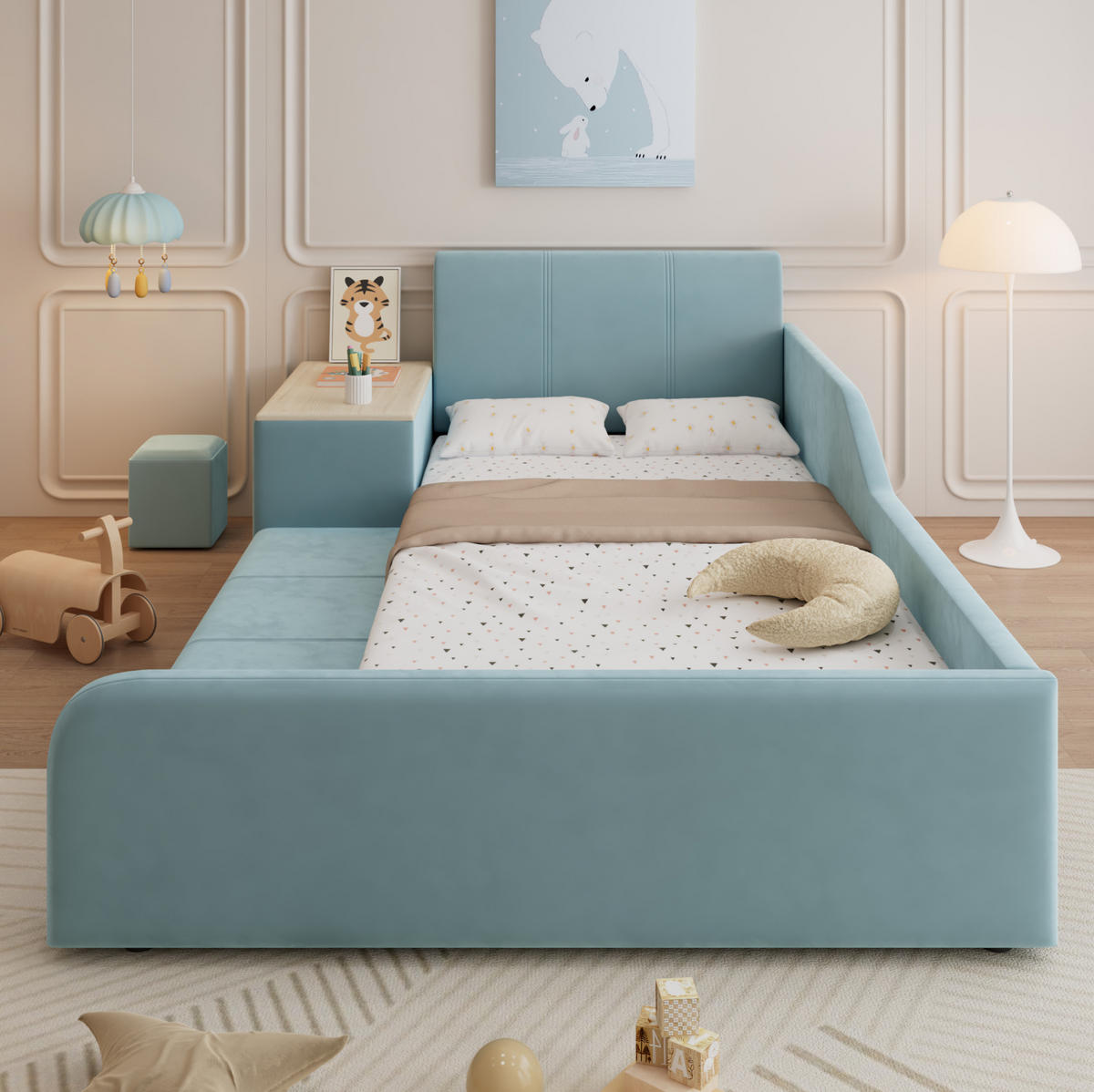 POLSTERBETT 90/200 cm aus Samt mit Schreibtisch und Hocker Blau/Naturfarben - Blau, Textil (90/200cm) - Modenvie