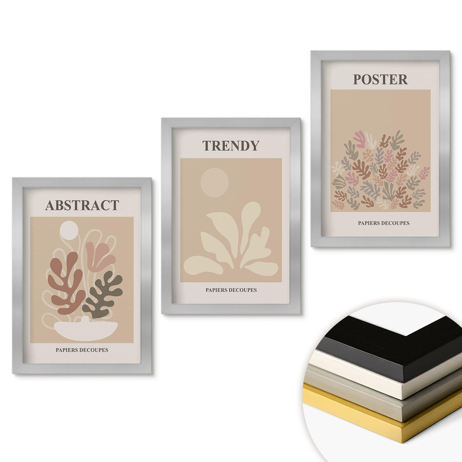 WANDBILDER 3er Set - 20x30 cm Silberner Rahmen - Pflanzenmotive beige braun - Silberfarben, Kunststoff (20/30cm) - ArtPrintCave
