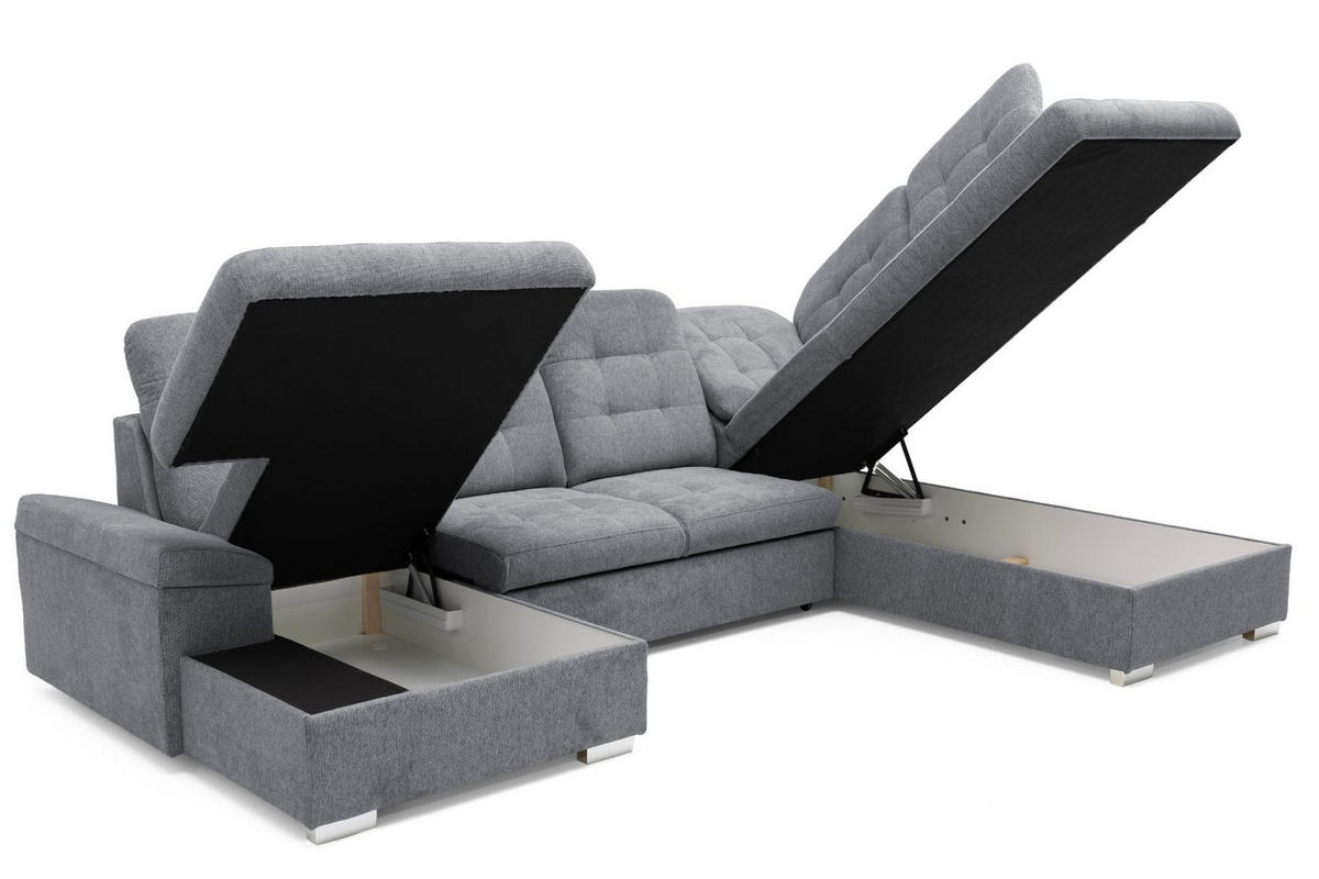 ECKSOFA U-Form OLIVIA U Rechts mit Schlaffunktion 124x257 Velours Grau - Silberfarben/Grau, Holz/Kunststoff (202/103/320cm) - Muffo