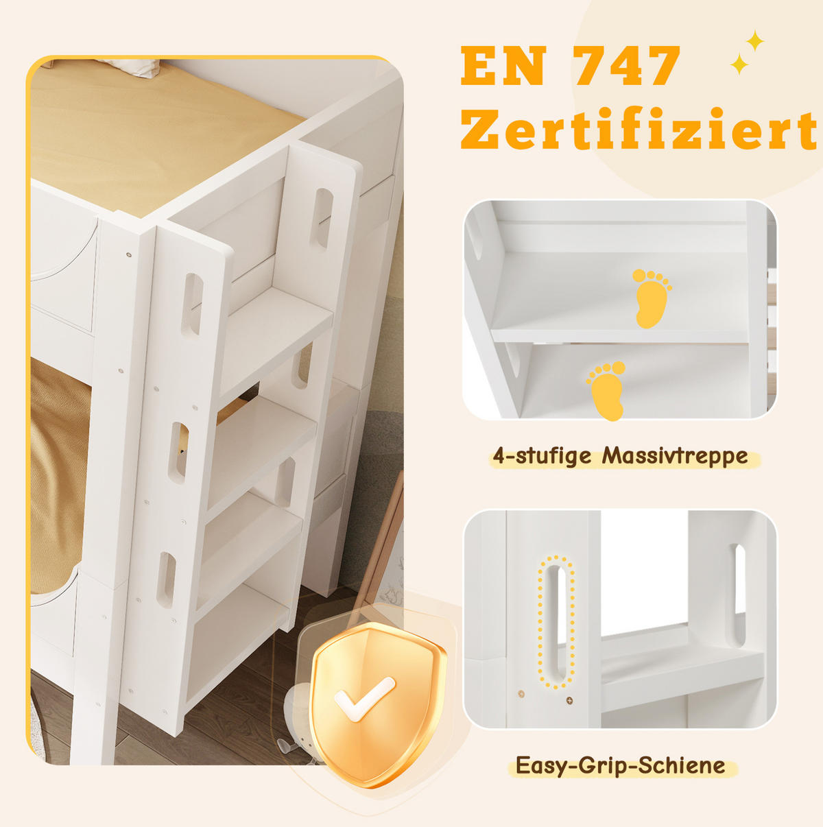 ETAGENBETT 90/200 cm, Weiß mit flexibler Leiter, trennbar, ohne Matratze - Weiß, Holz (90/200cm) - MIVRAY