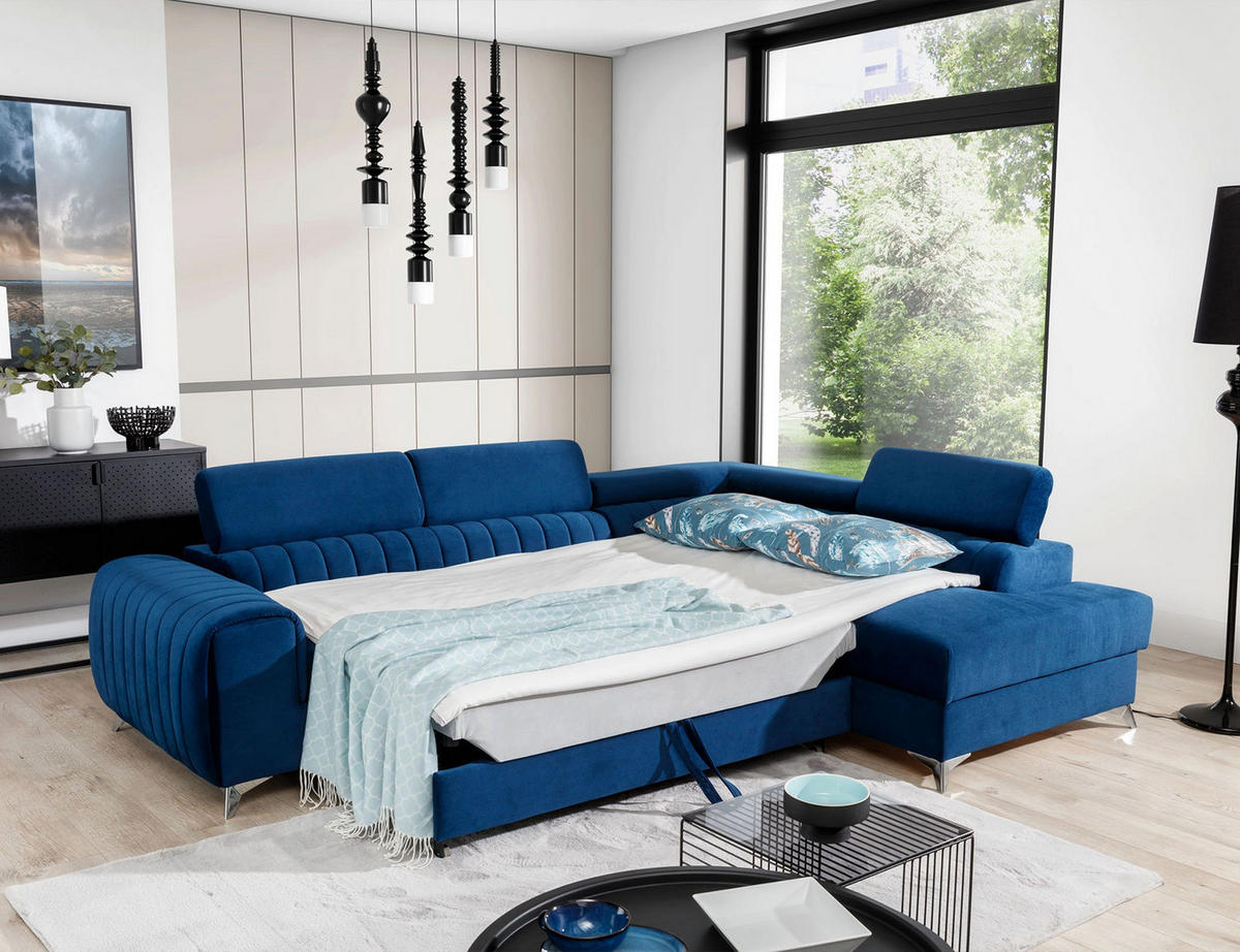 ECKSOFA Laurence mit Schlaffunktion & Bettkasten – 278 x 205 cm, verstellbare Kopfstützen - Blau, Kunststoff (278/205cm) - Wohnideebilder