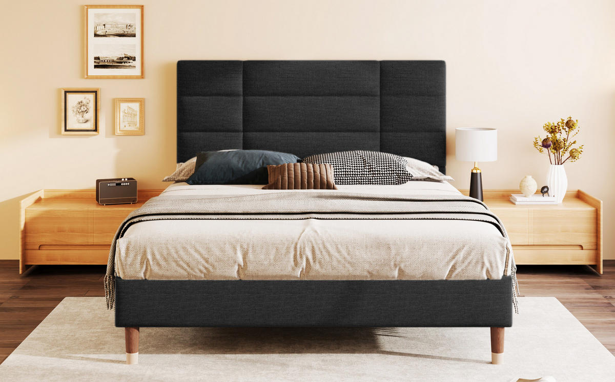 POLSTERBETT 140/200 cm Schwarz aus Leinen mit Lattenrost - Schwarz, Holz (140/200cm) - OKMYHOME