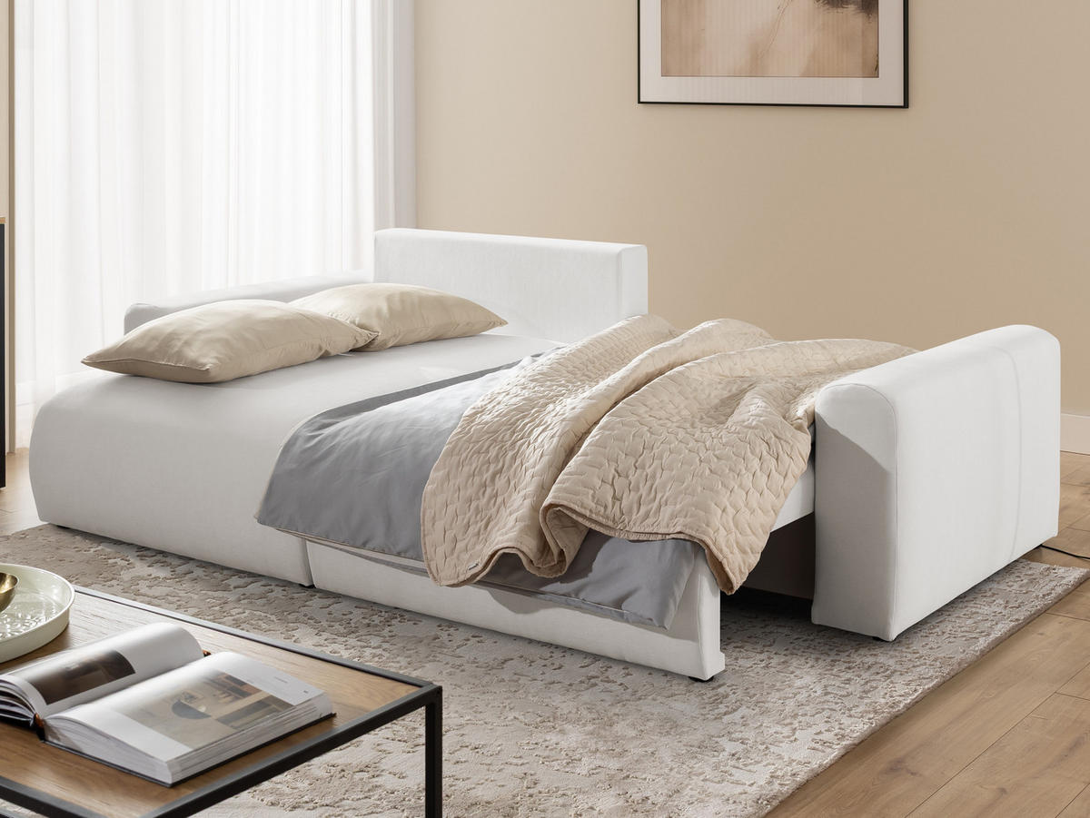ECKSOFA Calma mit Schlaffunktion und Bettkasten im Bumpy-Design aus weichem Creme Webstoff - Ottomane links - Creme/Schwarz, Holz/Kunststoff (239/140cm) - S-Style