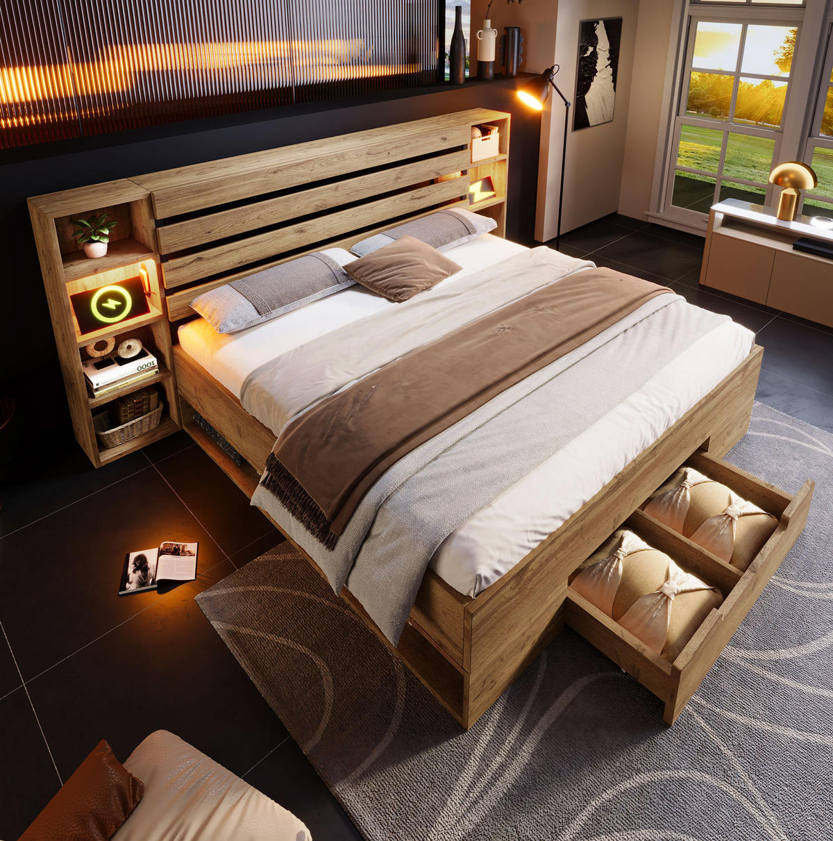 POLSTERBETT 160/200 cm in Eiche mit LED-Beleuchtung, Stauraum und USB- und Type-C-Anschlüssen - Eichefarben, Metall (160/200cm) - Flora Grace