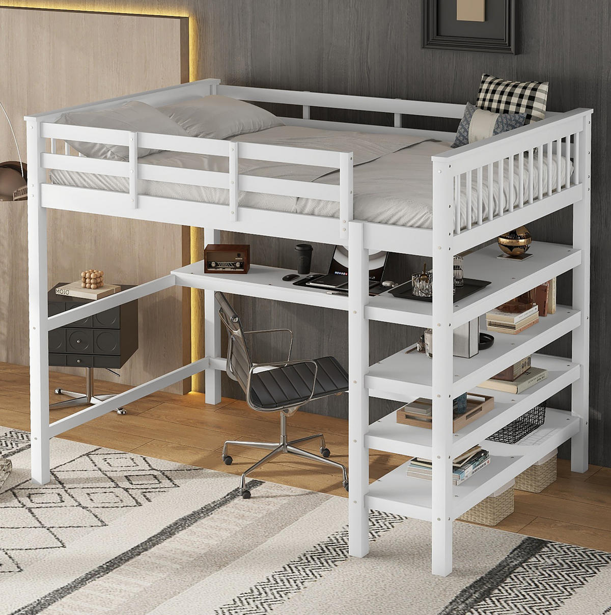 VISOKI krevet 140/200 cm s radnim stolom i policama, sigurnosnom ogradom i minimalističkim dizajnom, Bijela - bijela, drvni materijal (140/200cm) - Redom