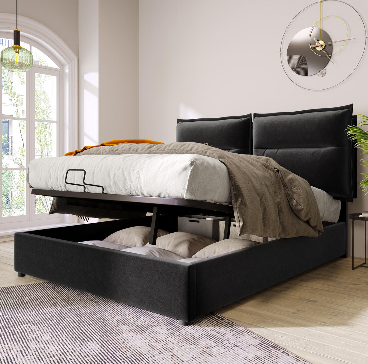 POLSTERBETT 140/200 cm Schwarz aus Samt mit Bettkasten - Schwarz, Textil (140/200cm) - OKMYHOME