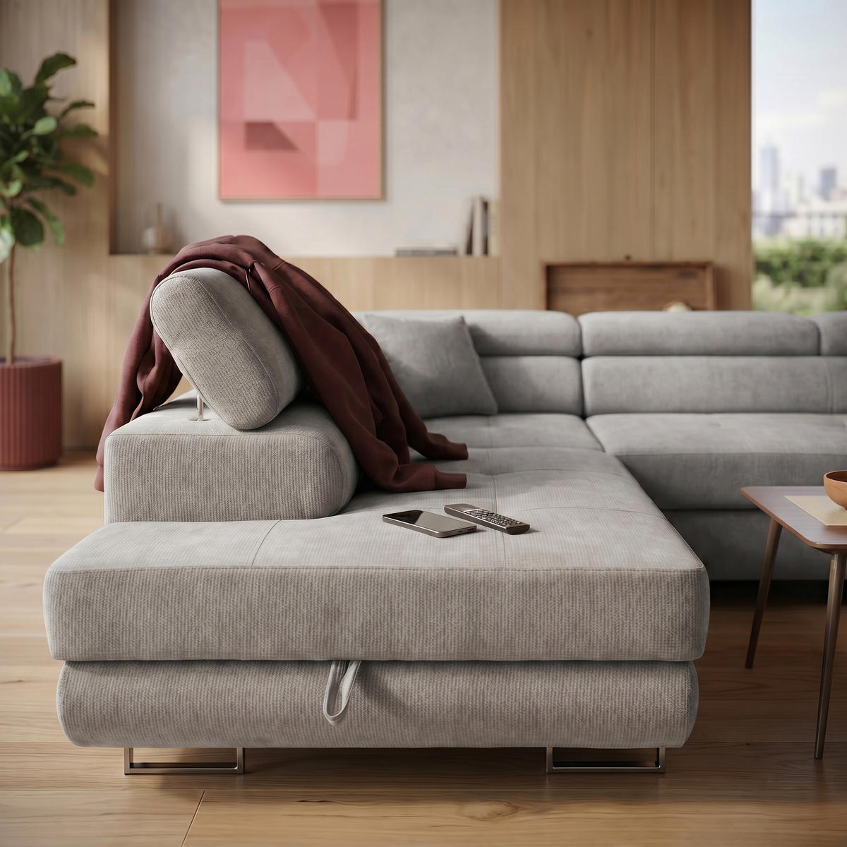 ECKSOFA U-Form WILD U Links mit Schlaffunktion 130x260 Chenille Grau - Silberfarben/Grau, Holz/Textil (350/90/203cm) - Muffo