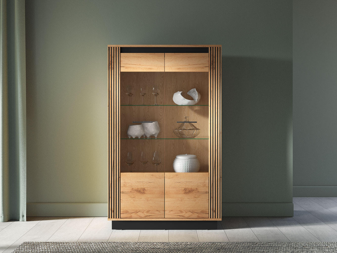 VITRINE Urso Gold Craft Eiche / Schwarz 92 / 40 / 141 cm - Eichefarben/Schwarz, Holz/Holzwerkstoff (92/141/40cm) - Feldmann-Wohnen